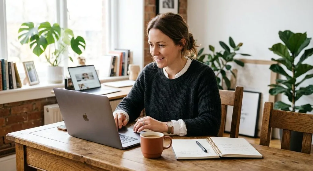 Small business owner reviewing monthly website plan ownership details on a laptop