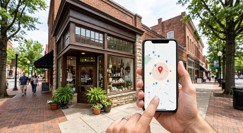 Smartphone showing a local map search in front of a Winston-Salem storefront, illustrating how a business can rank higher on Google Winston-Salem searches