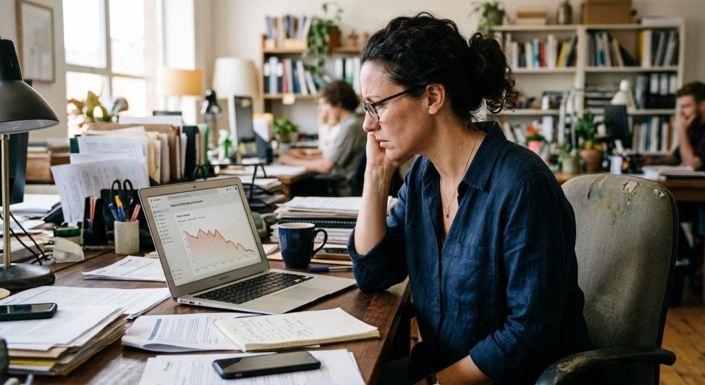 Small business owner reviewing a laptop dashboard after noticing their website traffic dropped