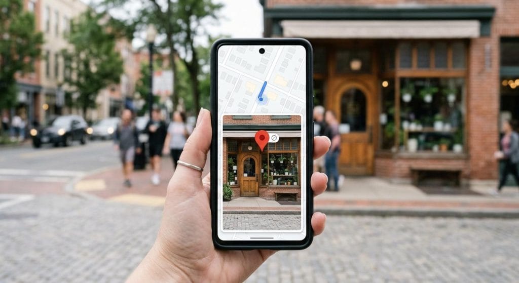 Smartphone showing a map location pin in front of a small business storefront, representing a Google Business Profile listing