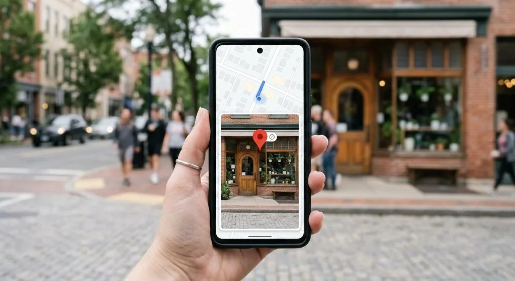 Smartphone showing a map location pin in front of a small business storefront, representing a Google Business Profile listing